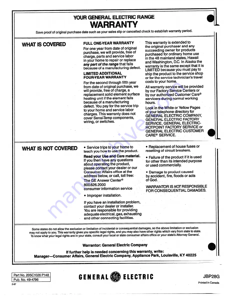 GE JBP28G Use And Care Manual Download Page 28