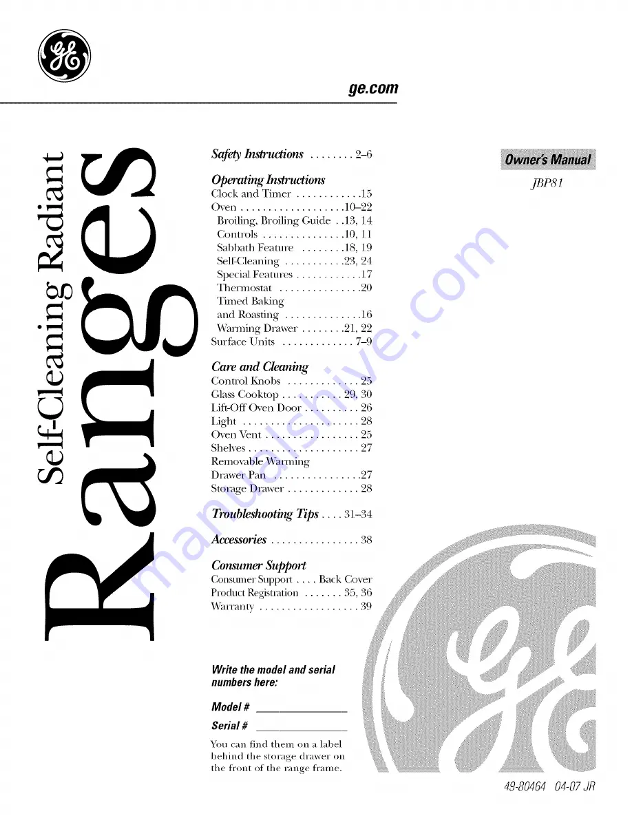 GE JBP81 Owner'S Manual Download Page 1