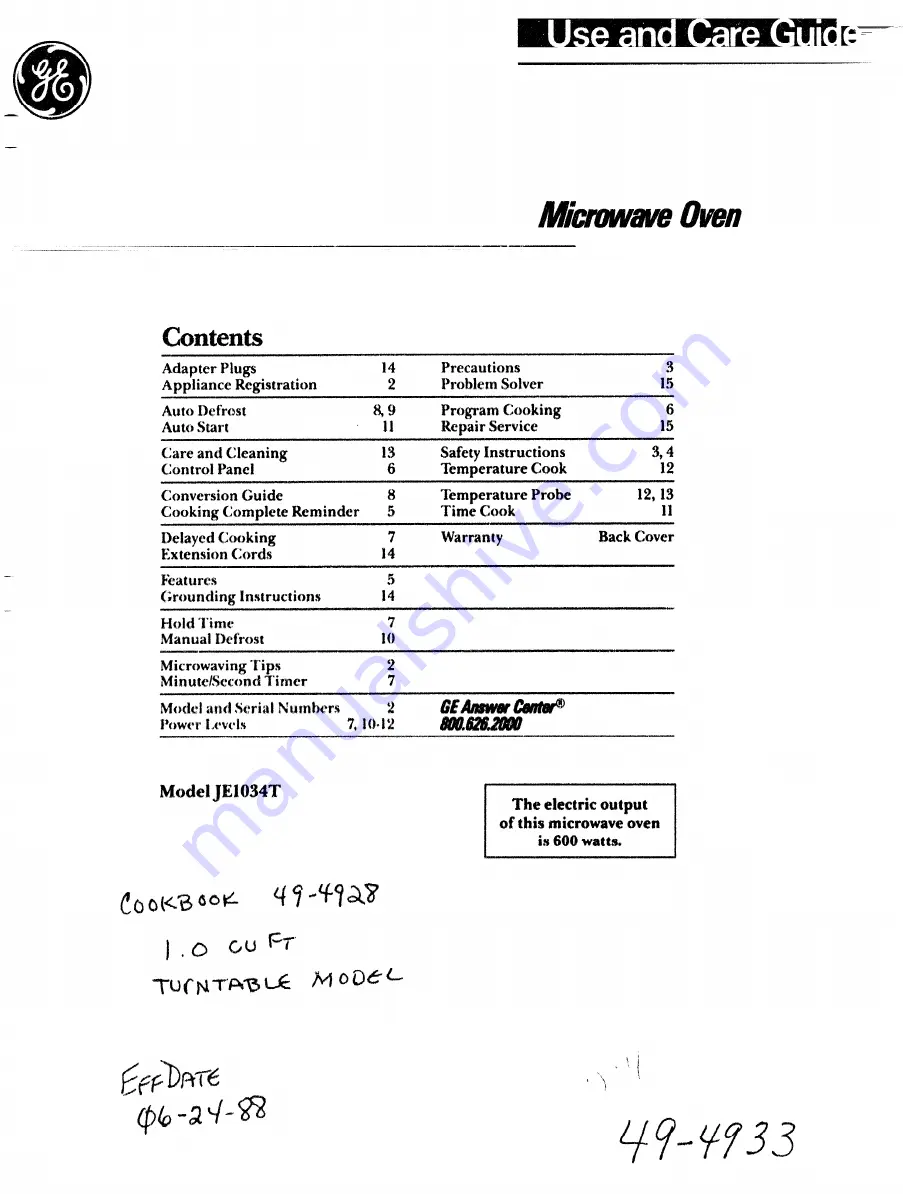 GE JE1034T Use And Care Manual Download Page 1