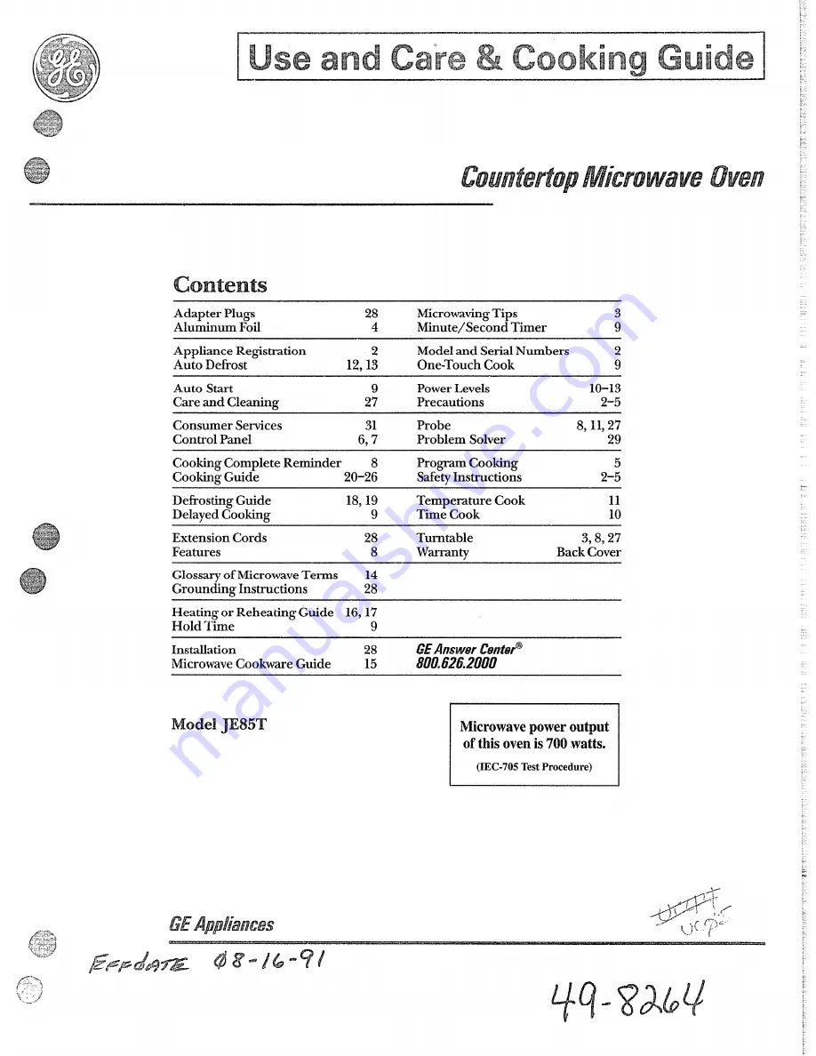 GE JE85T Use And Care & Cooking Manual Download Page 1