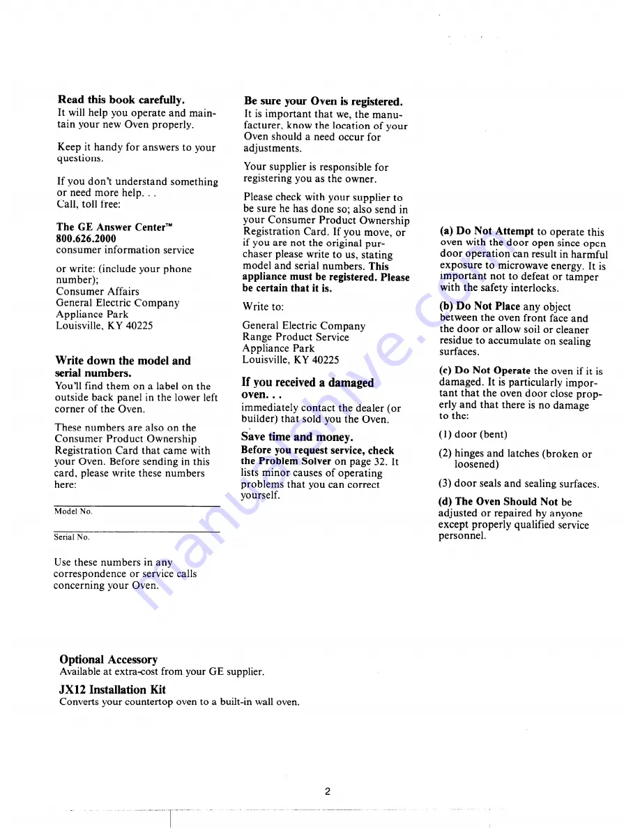 GE JET340D Use And Care Manual Download Page 2