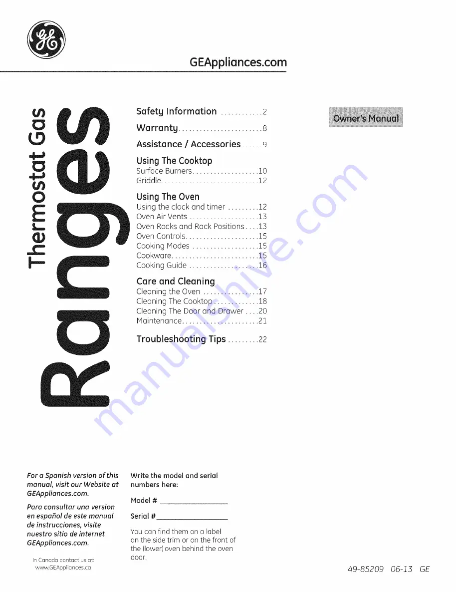 GE JGBS10F1SA Owner'S Manual Download Page 1