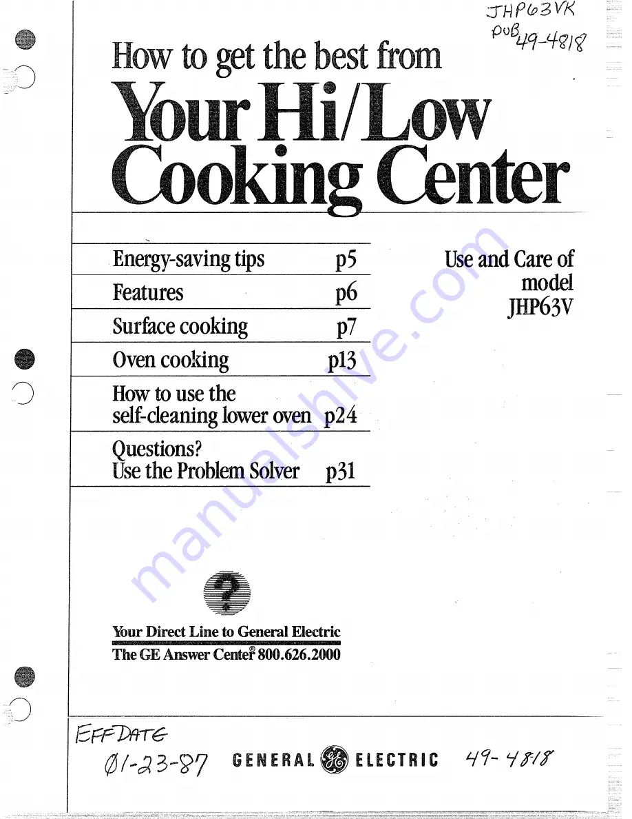 GE JHP63V Manual Download Page 1