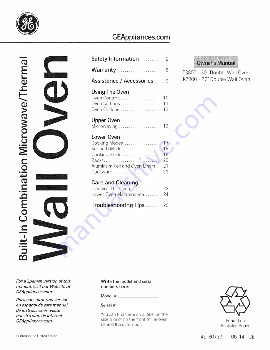 GE JK3800DH1BB Owner'S Manual Download Page 1