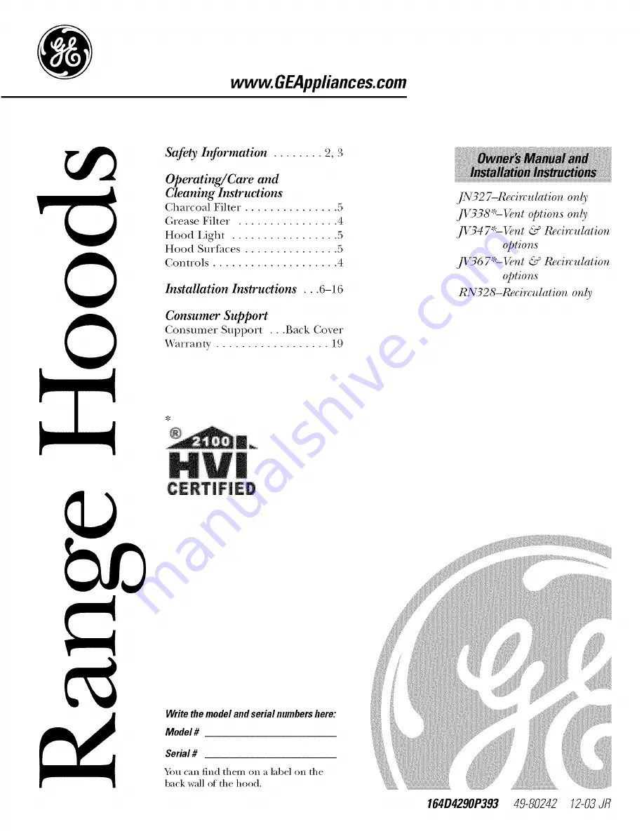 GE JN327, JV327, JV337, JV347 Owner'S Manual And Installation Instructions Download Page 1