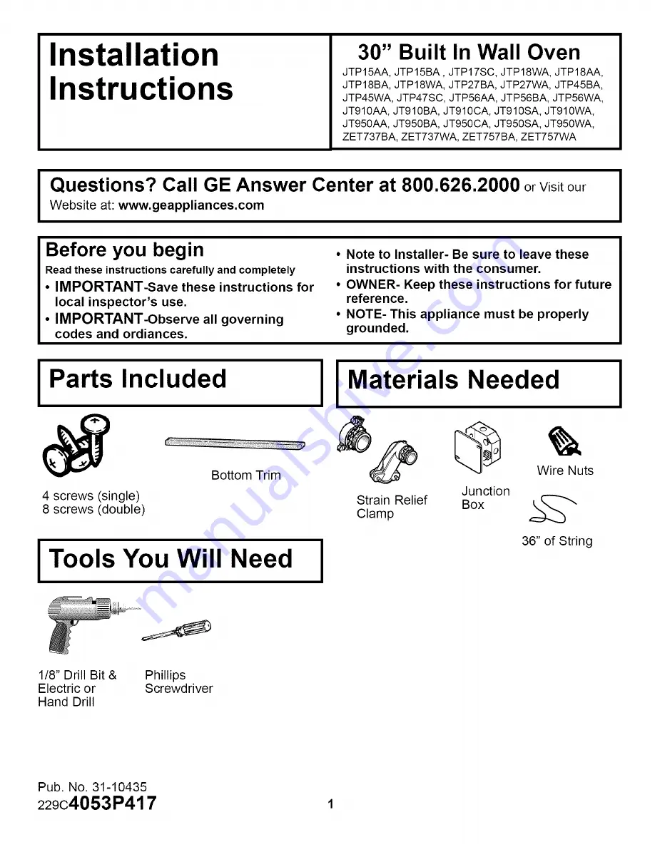 GE JT910AA Installation Instructions Manual Download Page 1