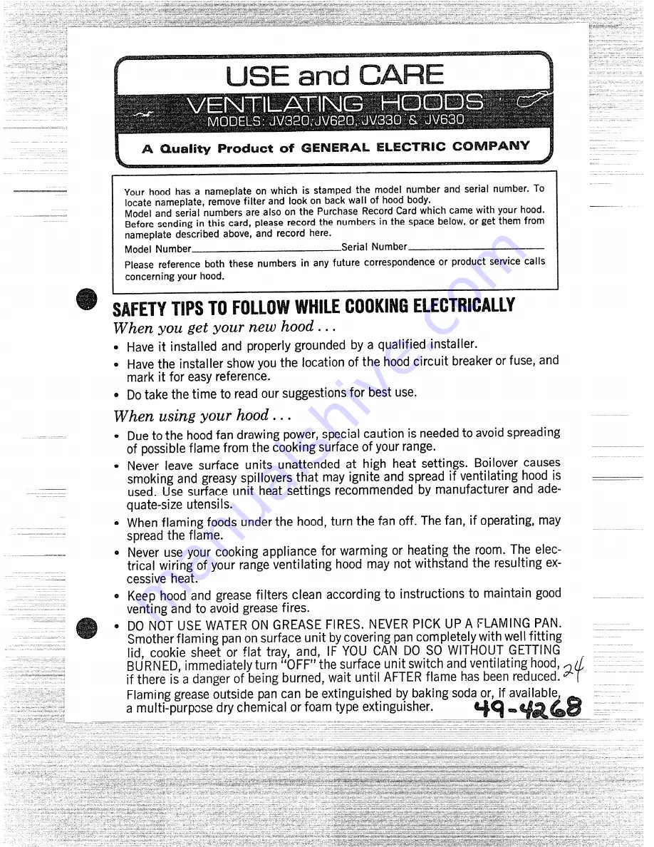 GE JV320 Use And Care Download Page 1