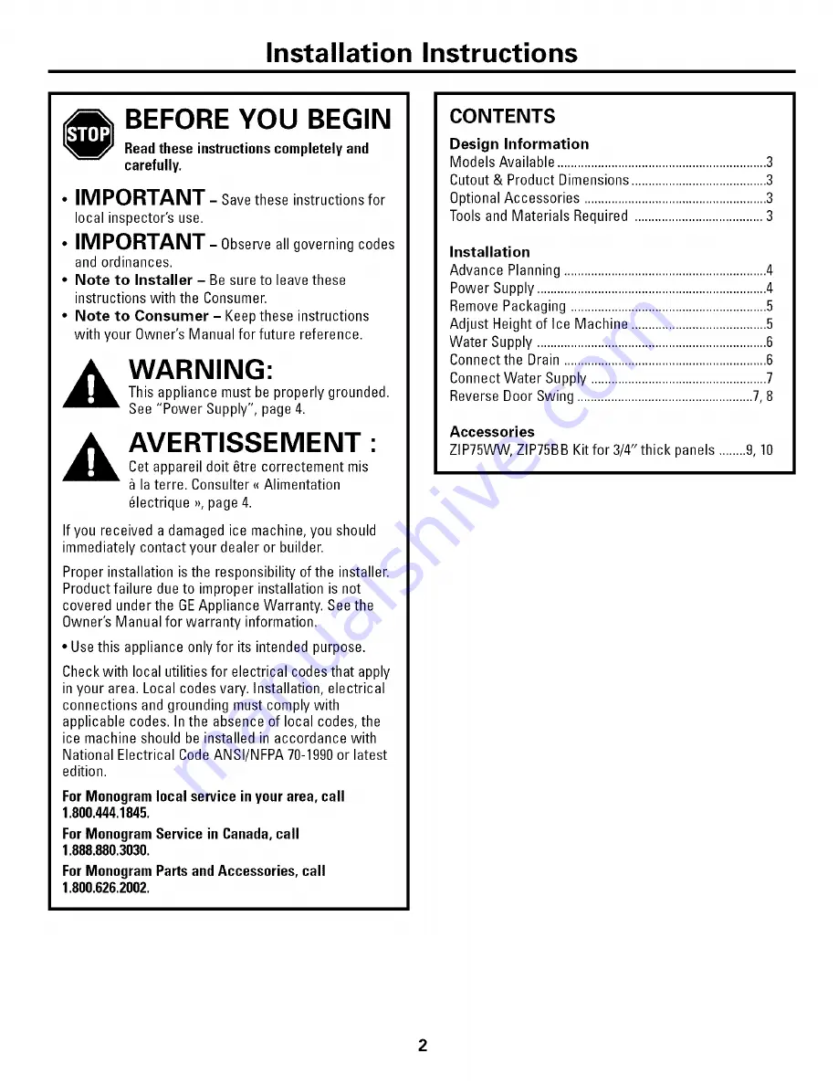 GE Monogram ZDI15 Design And Installation Manual Download Page 2