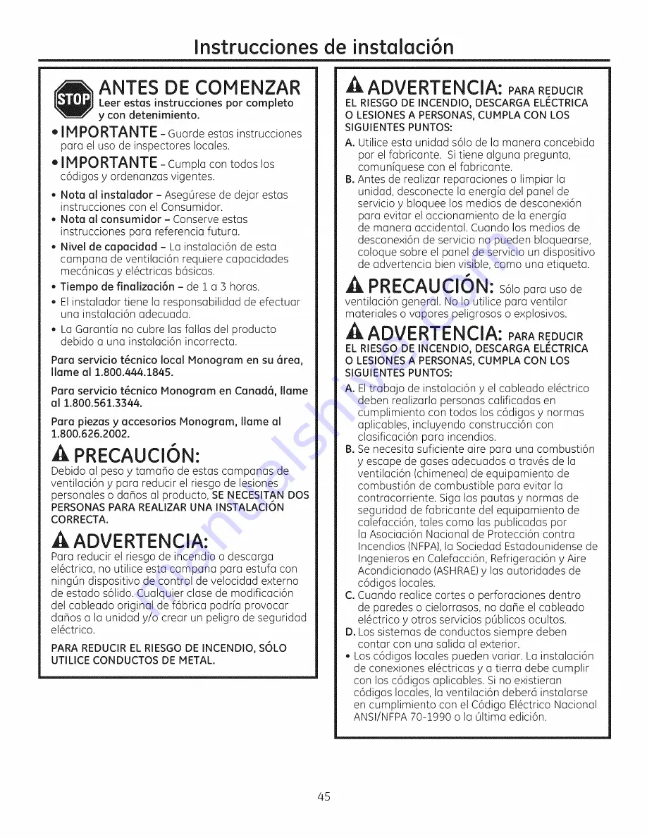 GE Monogram ZVC42L1SS Installation Instructions Manual Download Page 45