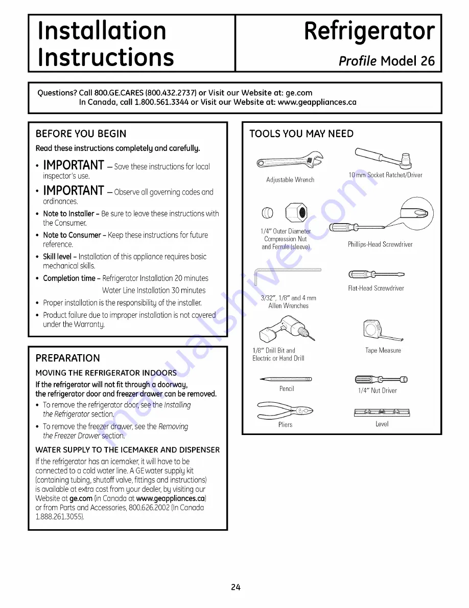 GE PFSS6PKXASS and Owner'S Manual And Installation Instructions Download Page 24