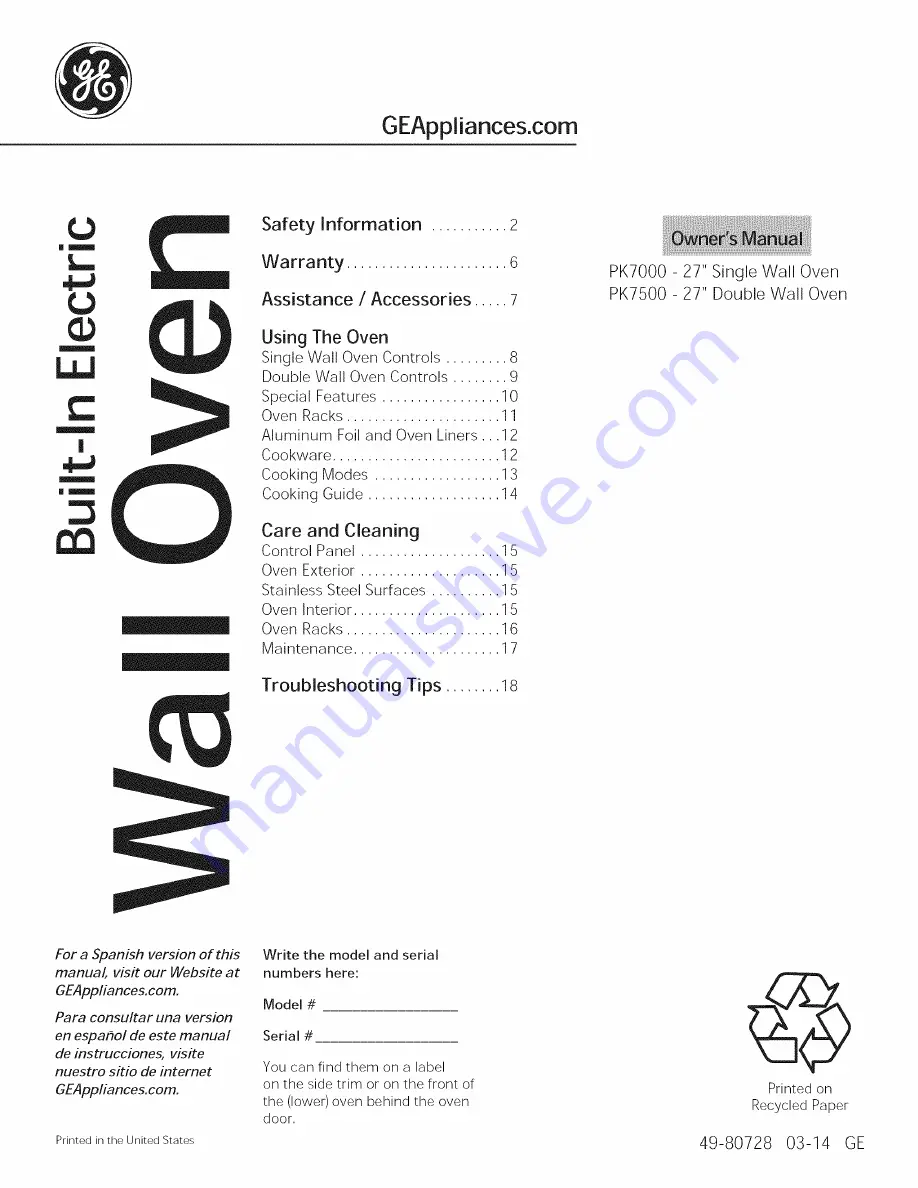 GE PK7000DF2BB Owner'S Manual Download Page 1