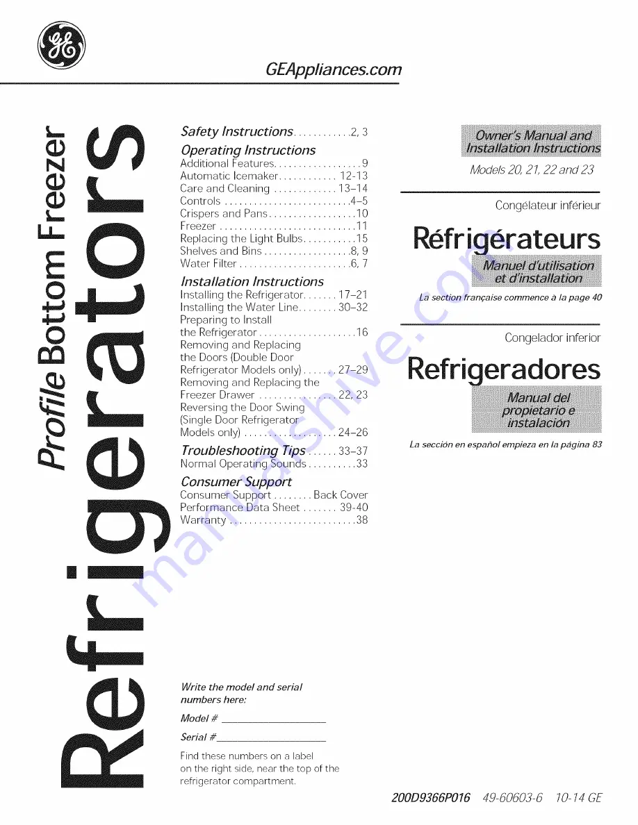 GE PNS20KSHAFSS Owner'S Manual And Installation Instructions Download Page 1