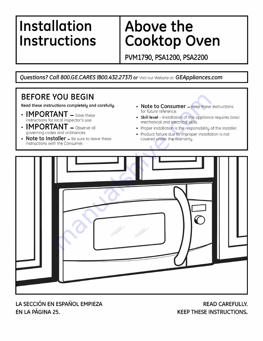 GE Profile Advantium PSA1200 Installation Instructions Manual Download Page 1