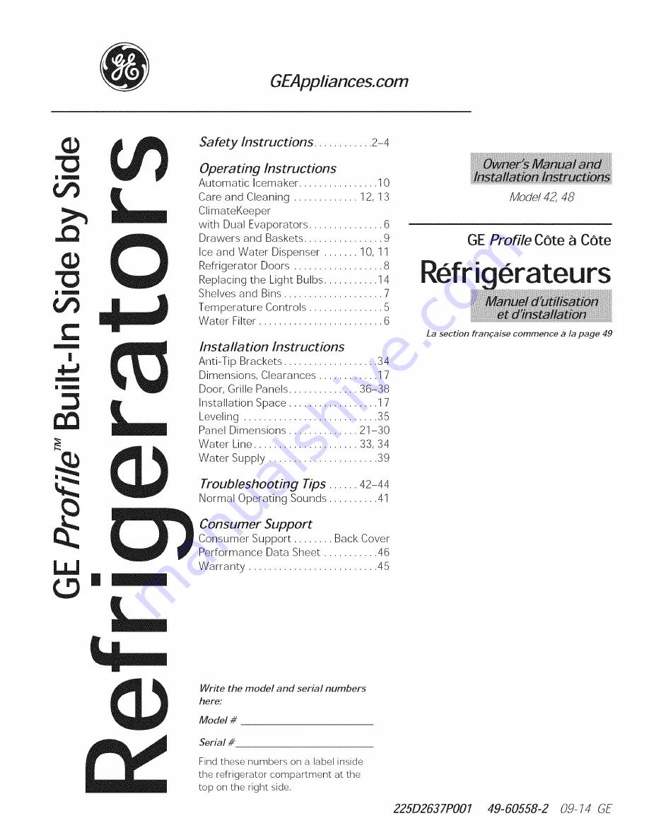 GE PSB42YPHASV Owner'S Manual And Installation Instructions Download Page 1