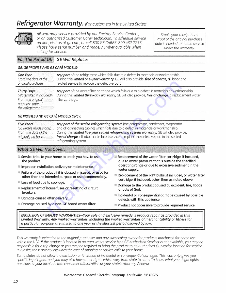 GE PSE26KSEEESS Owner'S Manual And Installation Download Page 42