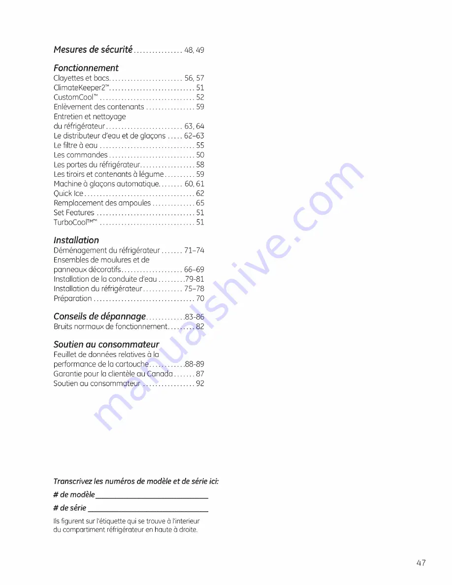 GE PSE26KSEEESS Owner'S Manual And Installation Download Page 47