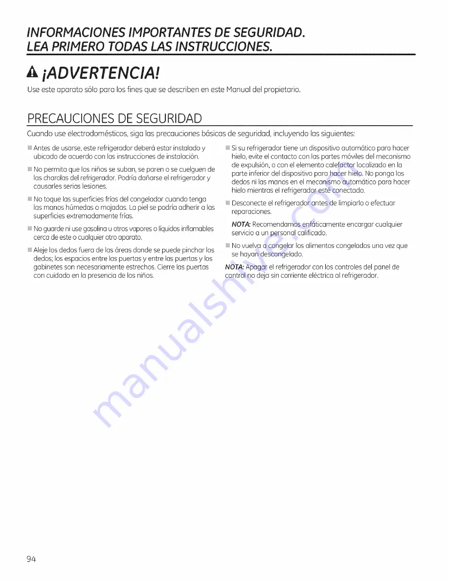 GE PSE26KSEEESS Owner'S Manual And Installation Download Page 94