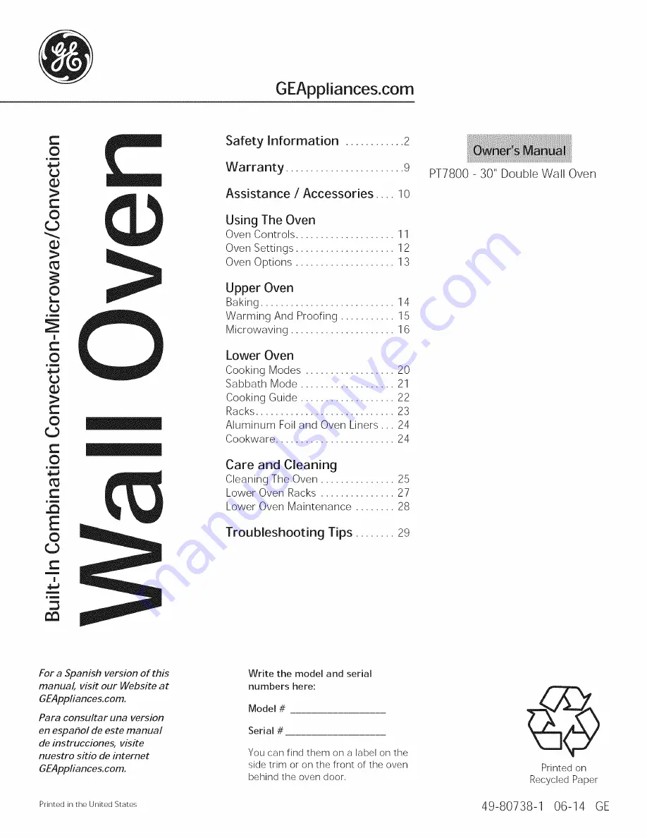 GE PT7800DH1BB Owner'S Manual Download Page 1