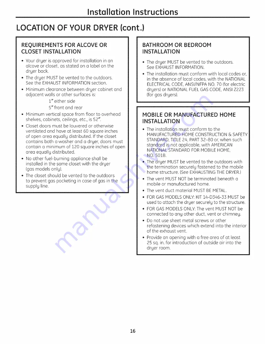 GE PTDN800EM0WW and Owner'S Manual And Installation Instructions Download Page 16