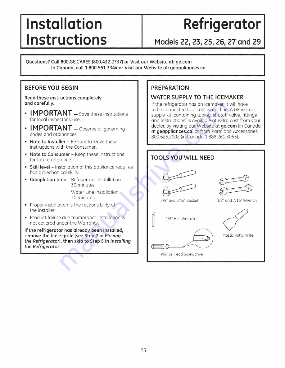 GE SIDE-BY-SIDE REFRIRATOR 22 Owners And Installation Manual Download Page 25