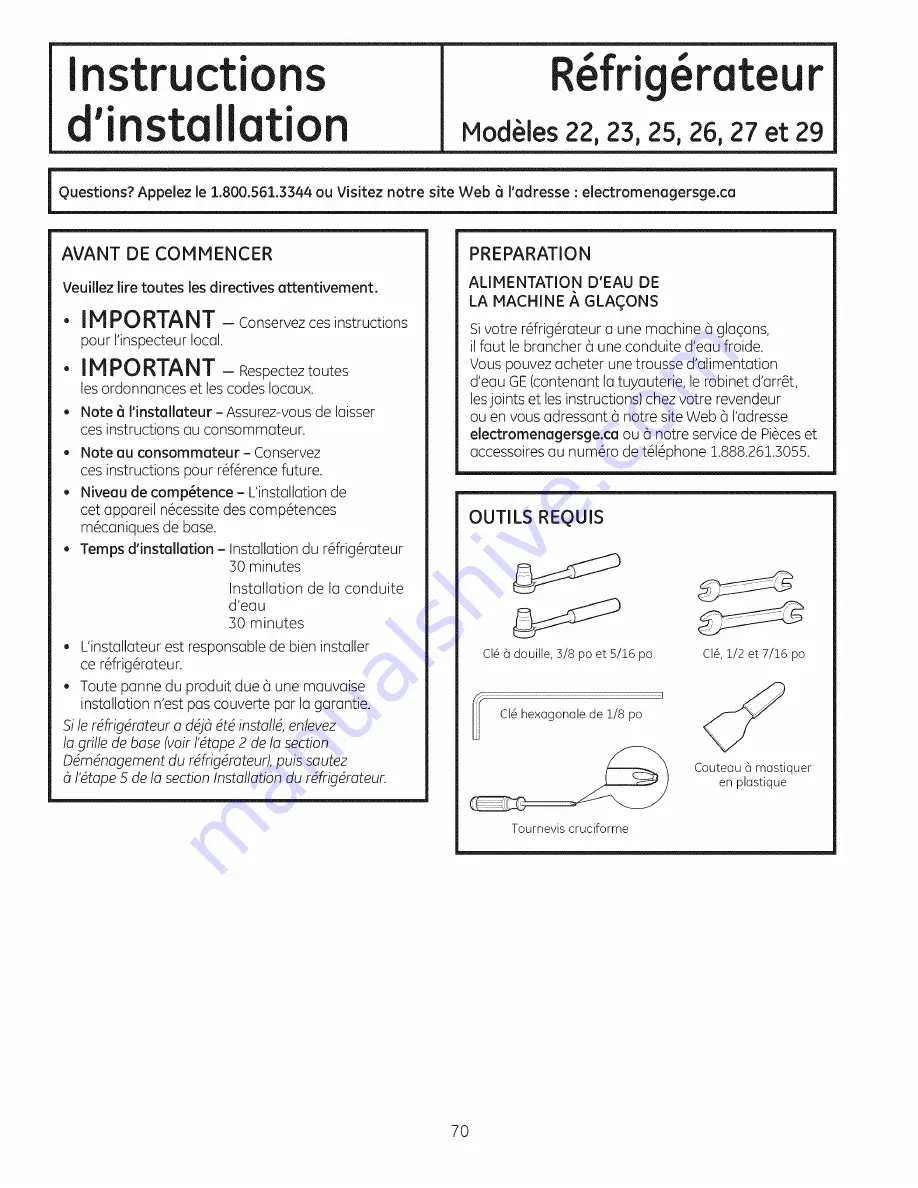 GE SIDE-BY-SIDE REFRIRATOR 22 Owners And Installation Manual Download Page 70