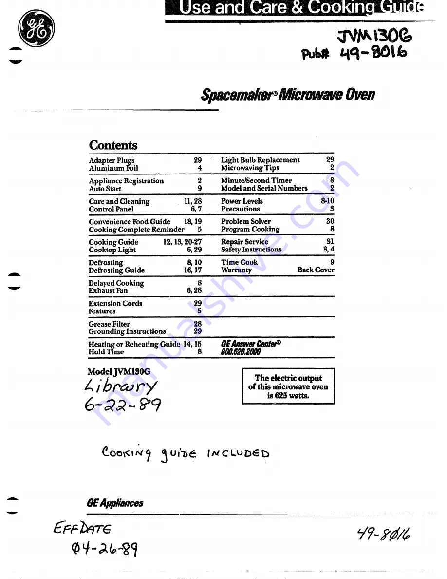 GE Spacemaker JVM130G Use And Care Manual Download Page 1