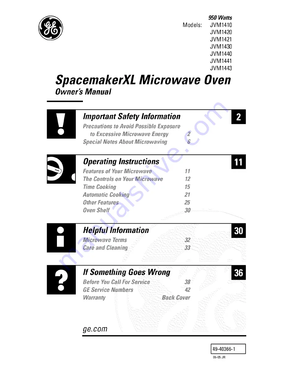 GE SpacemakerXL JVM1410 Owner'S Manual Download Page 1