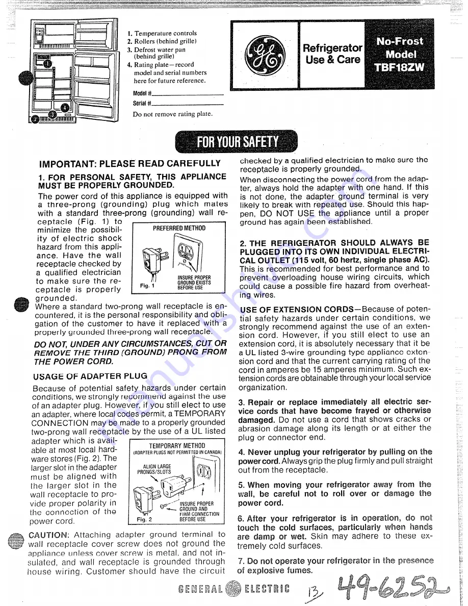 GE TBF18ZW Use & Care Download Page 1