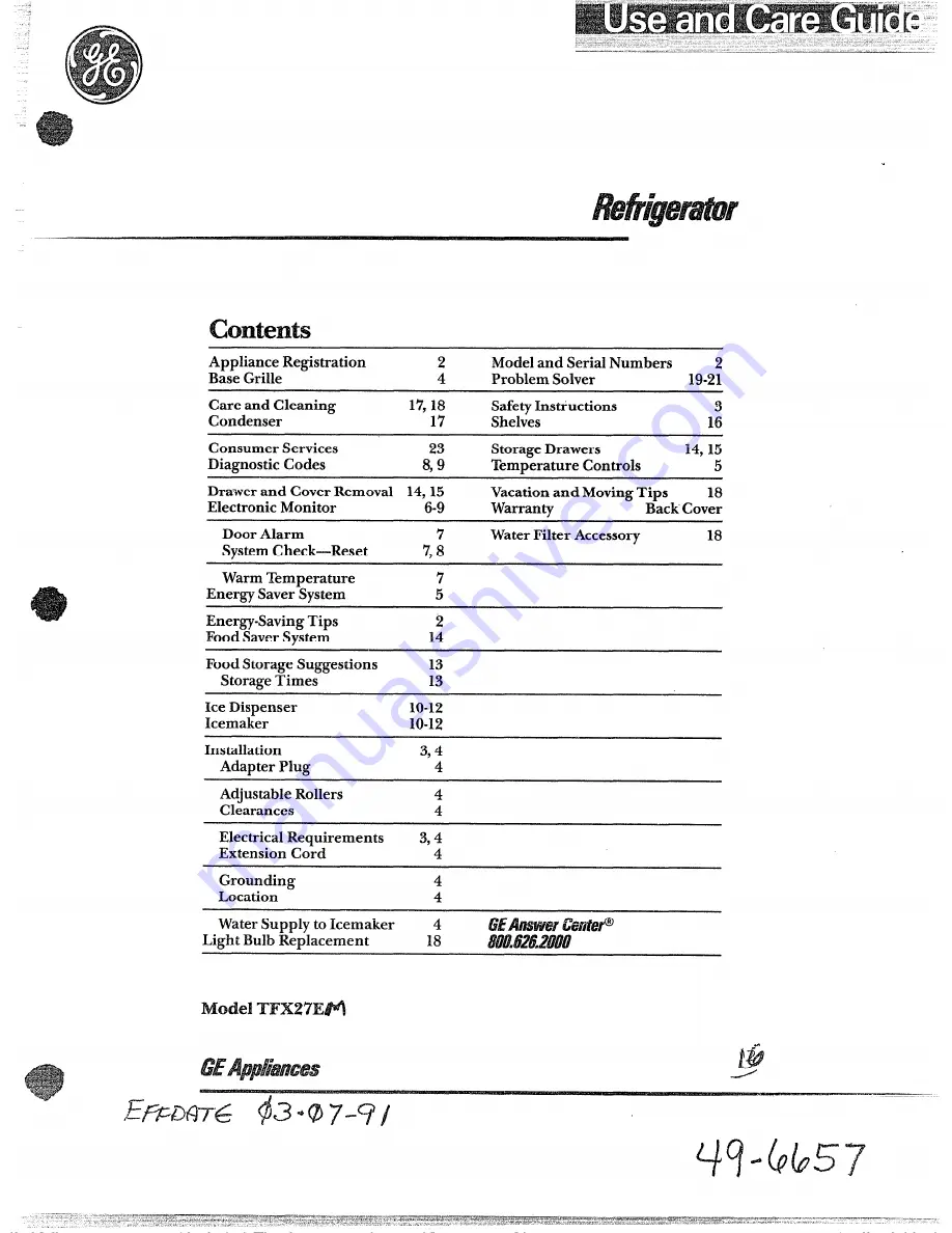 GE TFX27EM Use And Care Manual Download Page 1