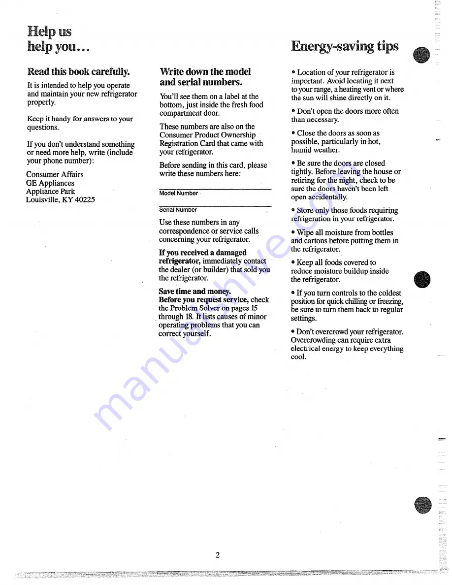 GE TFX27R Use And Care Manual Download Page 2