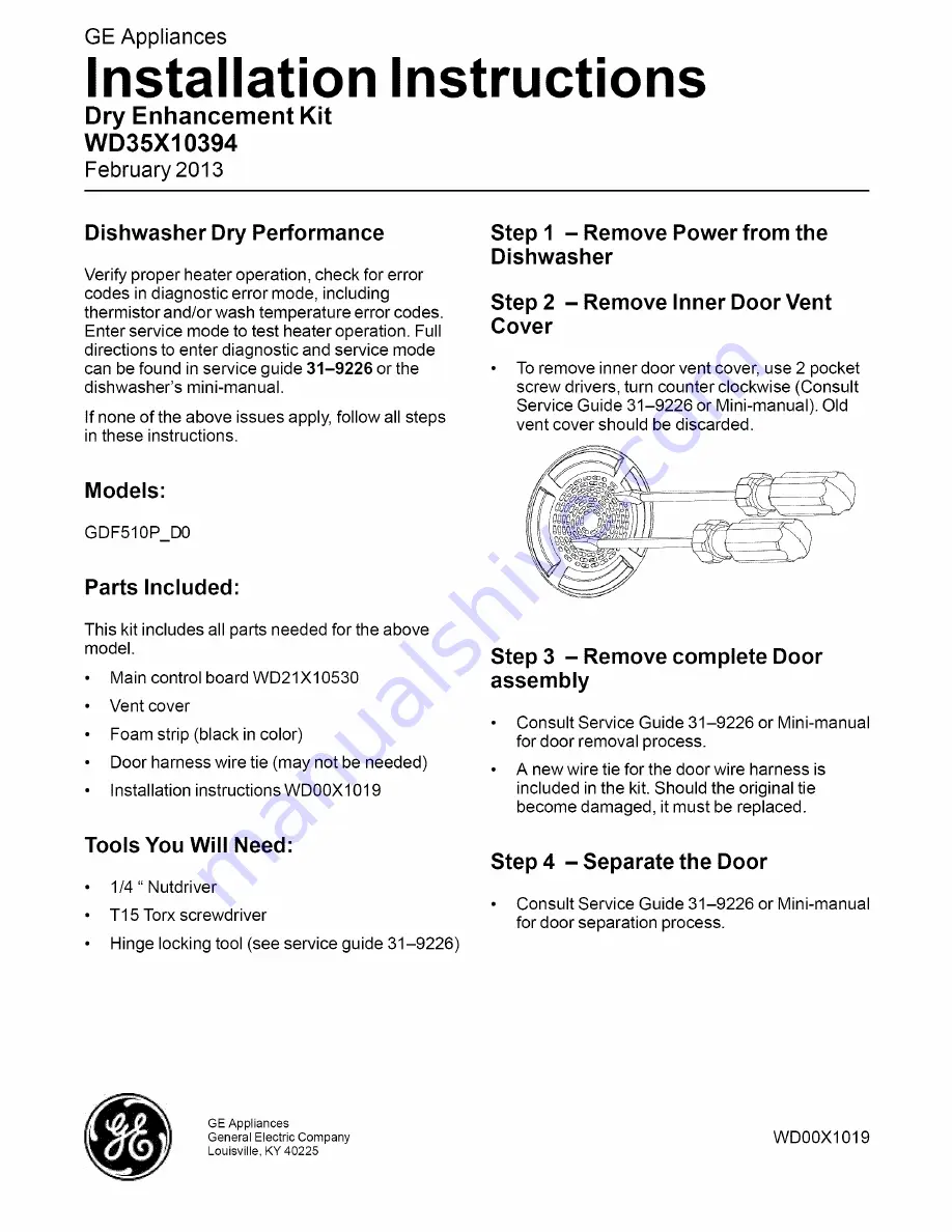 GE WD35X10394 Installation Instructions Download Page 1