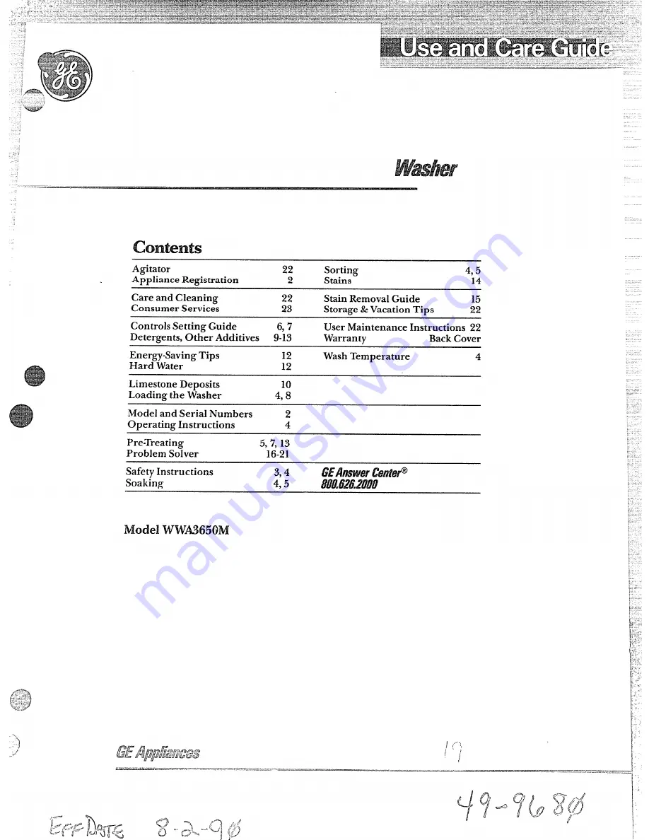 GE WWA3650M Use And Care Manual Download Page 1