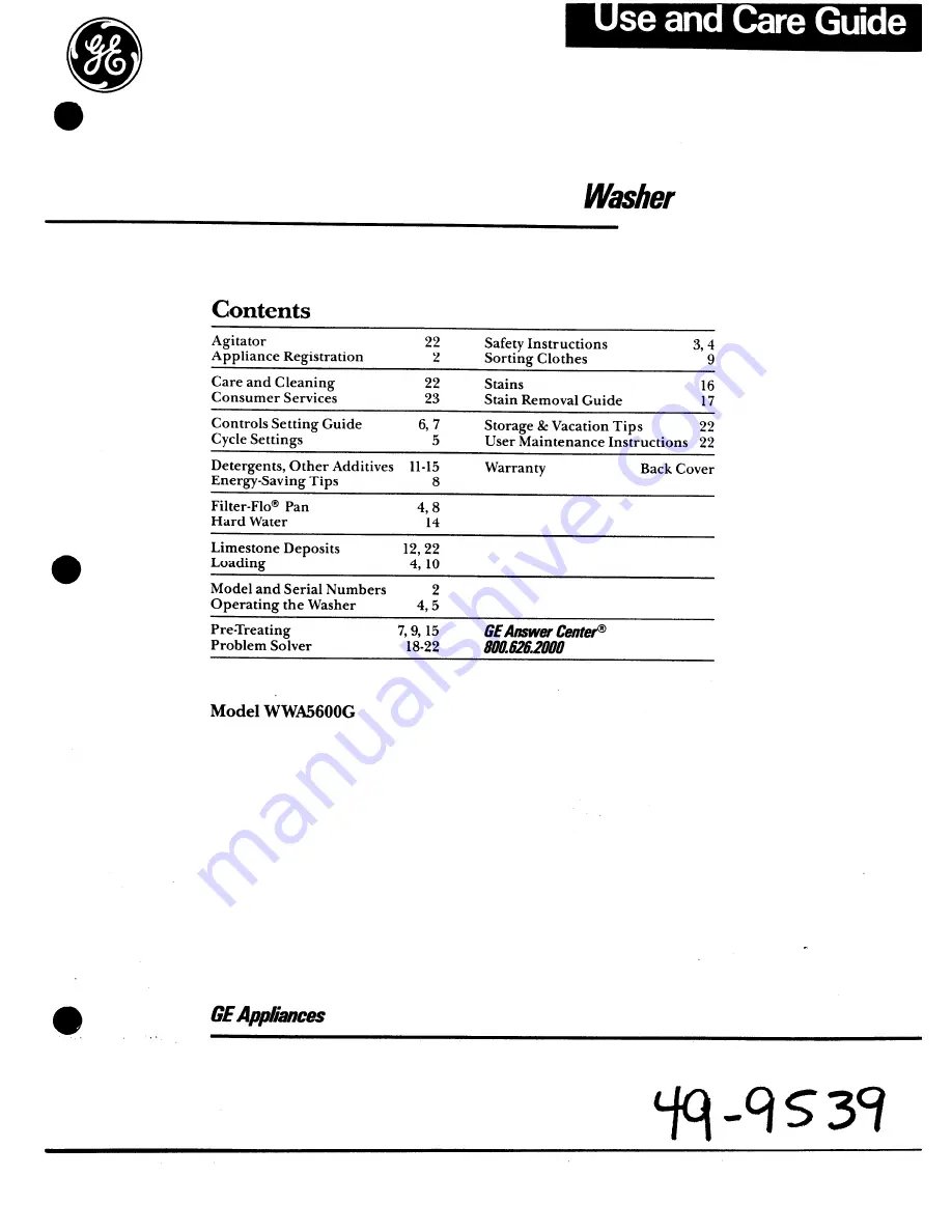 GE WWA5600G Use And Care Manual Download Page 1