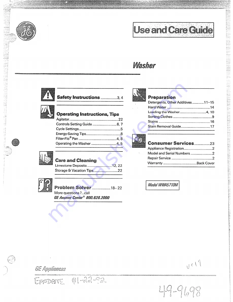 GE WWA5710M Use And Care Manual Download Page 1