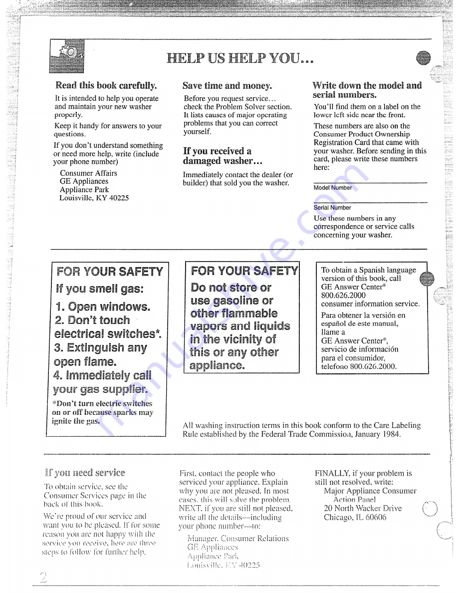 GE WWA5710M Use And Care Manual Download Page 2