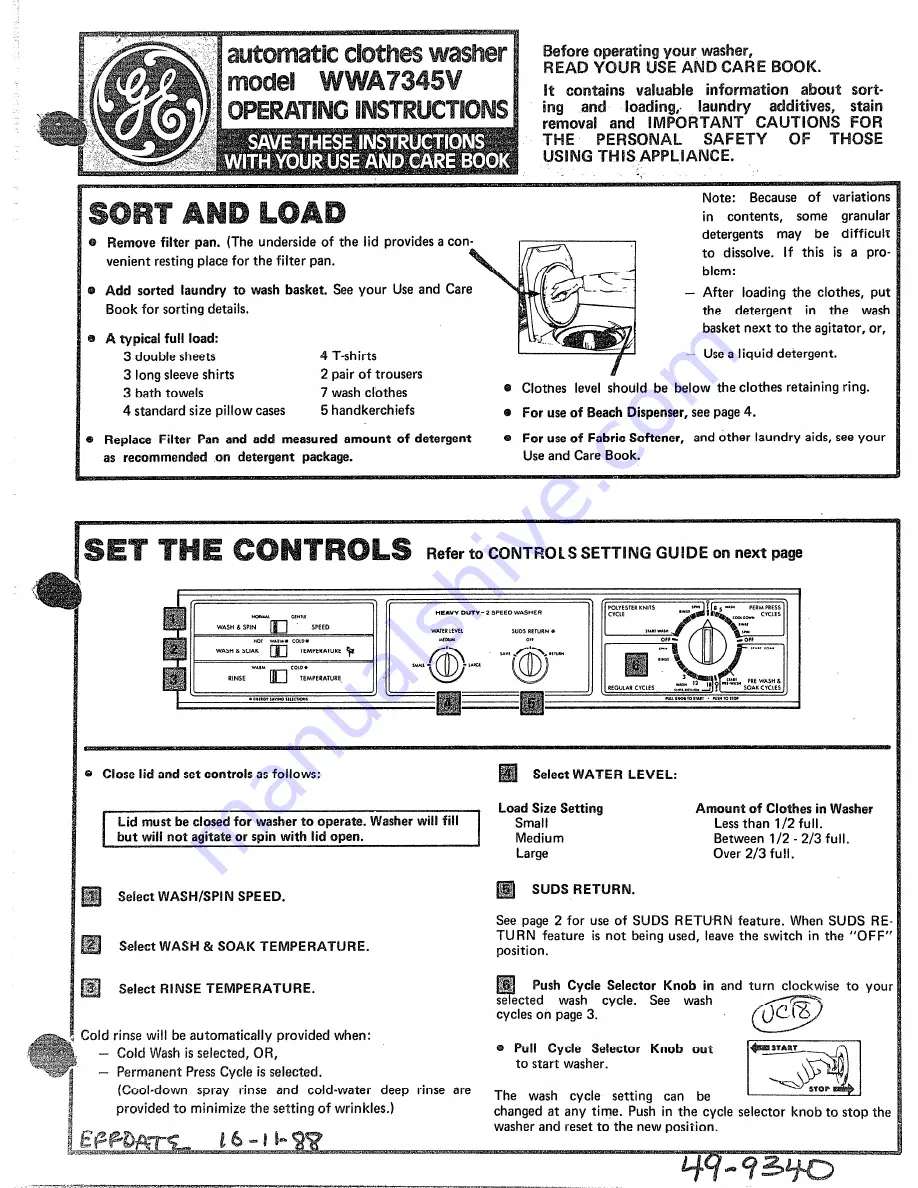 GE WWA7345V Operating Instructions Download Page 1