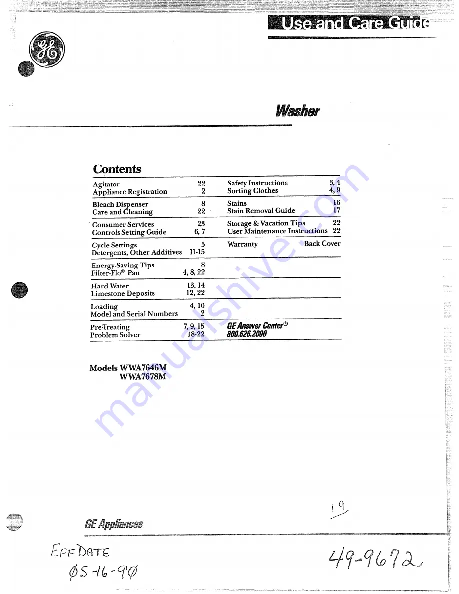 GE WWA7646M Use And Care Manual Download Page 1