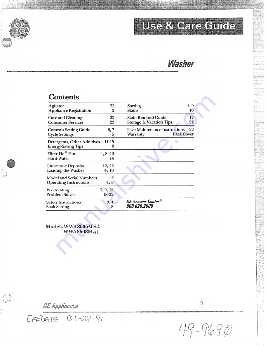 GE WWA8606M Use & Care Manual Download Page 1