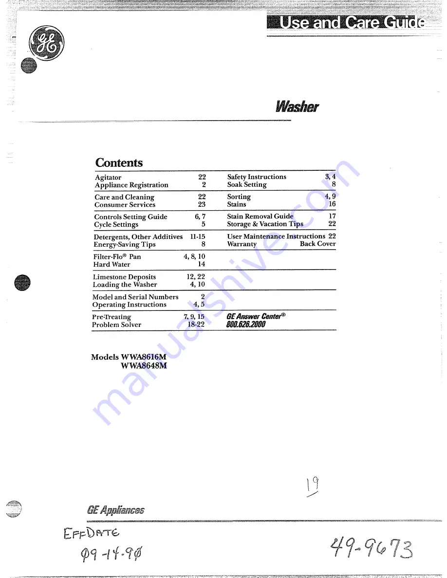 GE WWA8616M Use And Care Manual Download Page 1