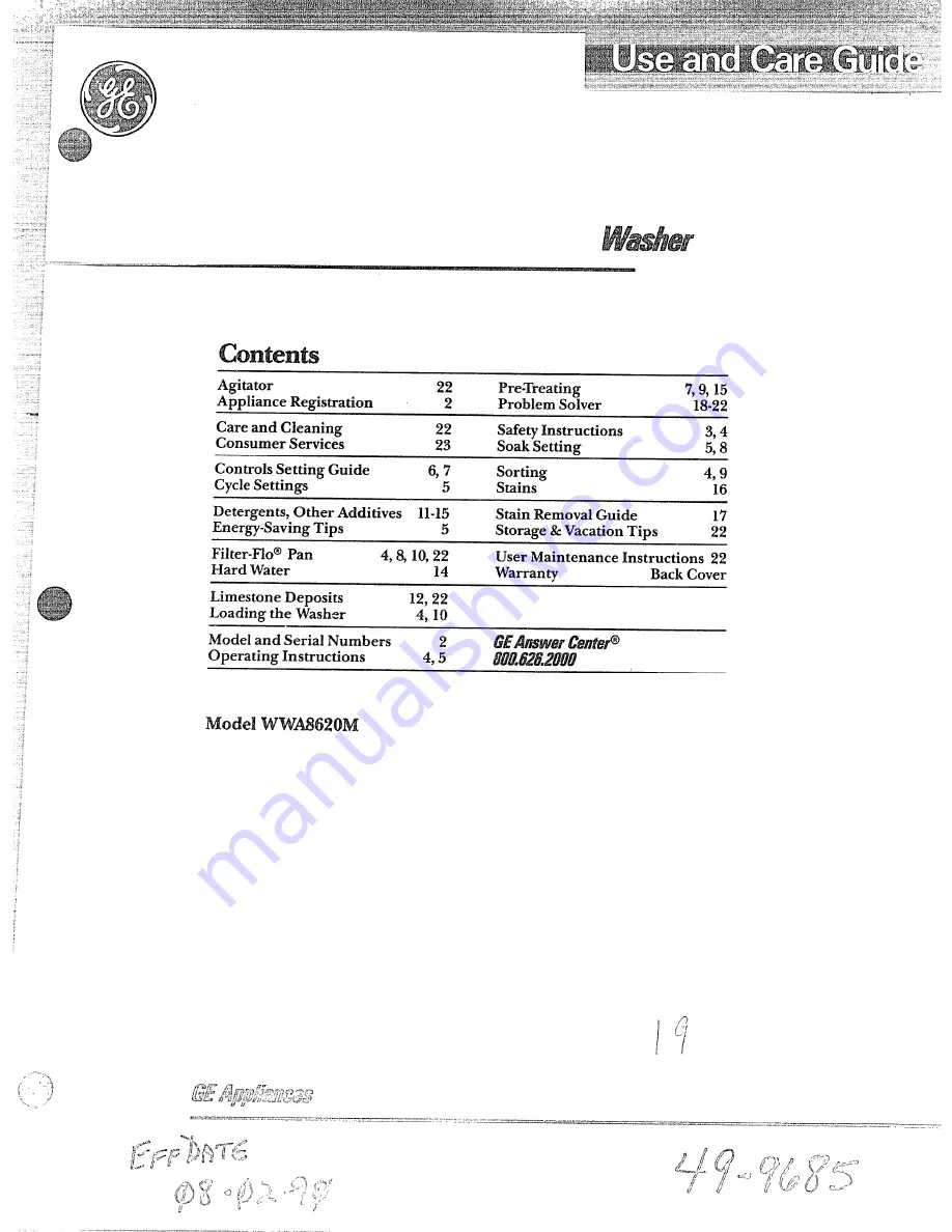 GE WWA8620M Use And Care Manual Download Page 1