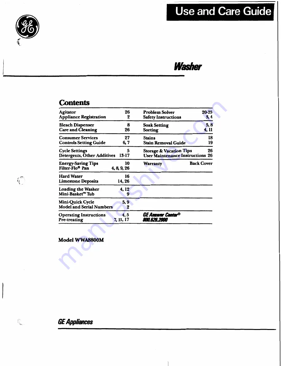 GE WWA8800M Use And Care Manual Download Page 1