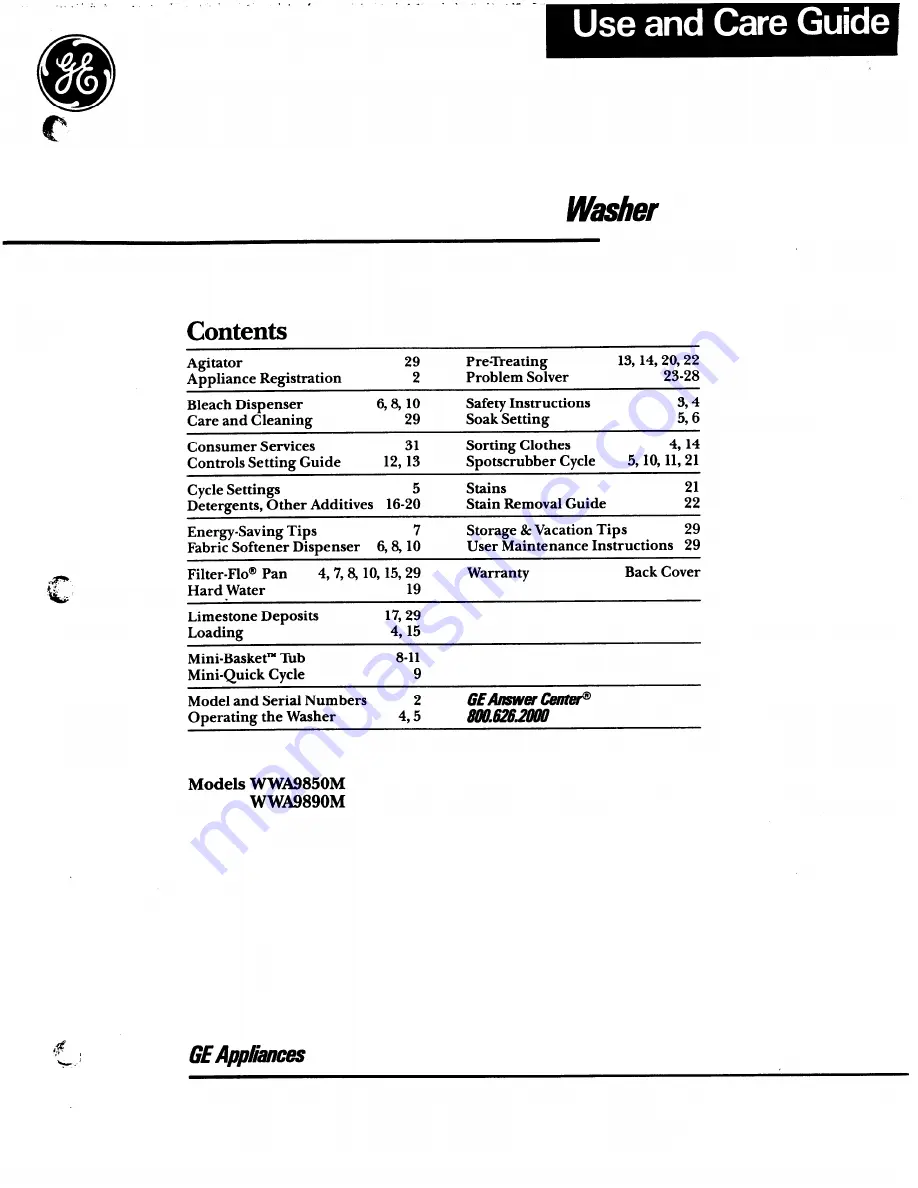 GE WWA9850M Use And Care Manual Download Page 1