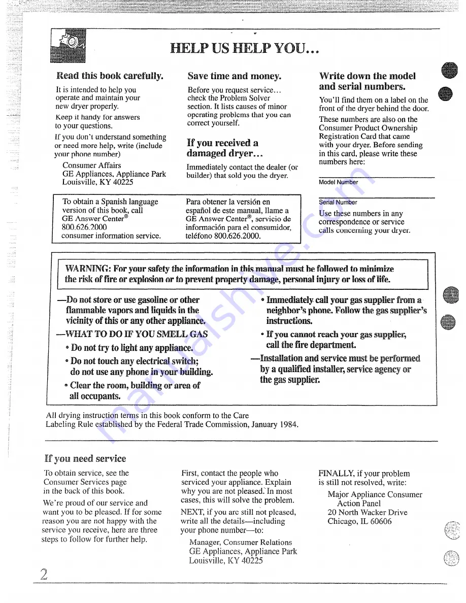 GEAppliances DDE5100R Use And Care Manual Download Page 2