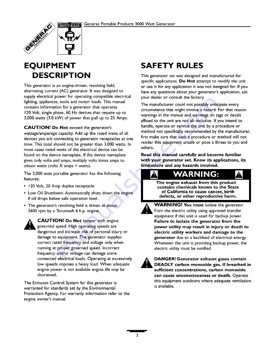 Generac Portable Products 1311-0 Owner'S Manual Download Page 2