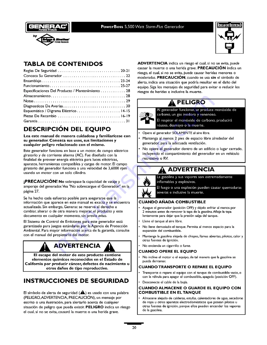 Generac Portable Products 1642-1 Owner'S Manual Download Page 20