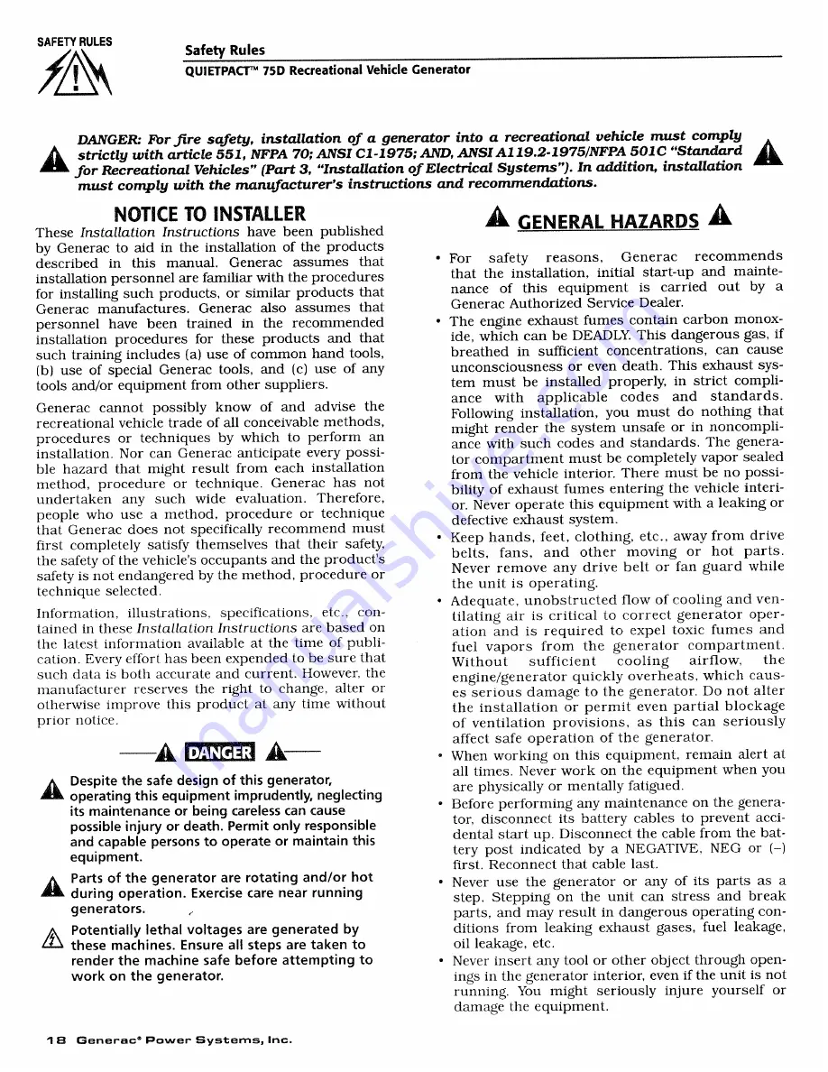 Generac Power Systems 04270-0 Owner'S Manual And Installation Instructions Download Page 20