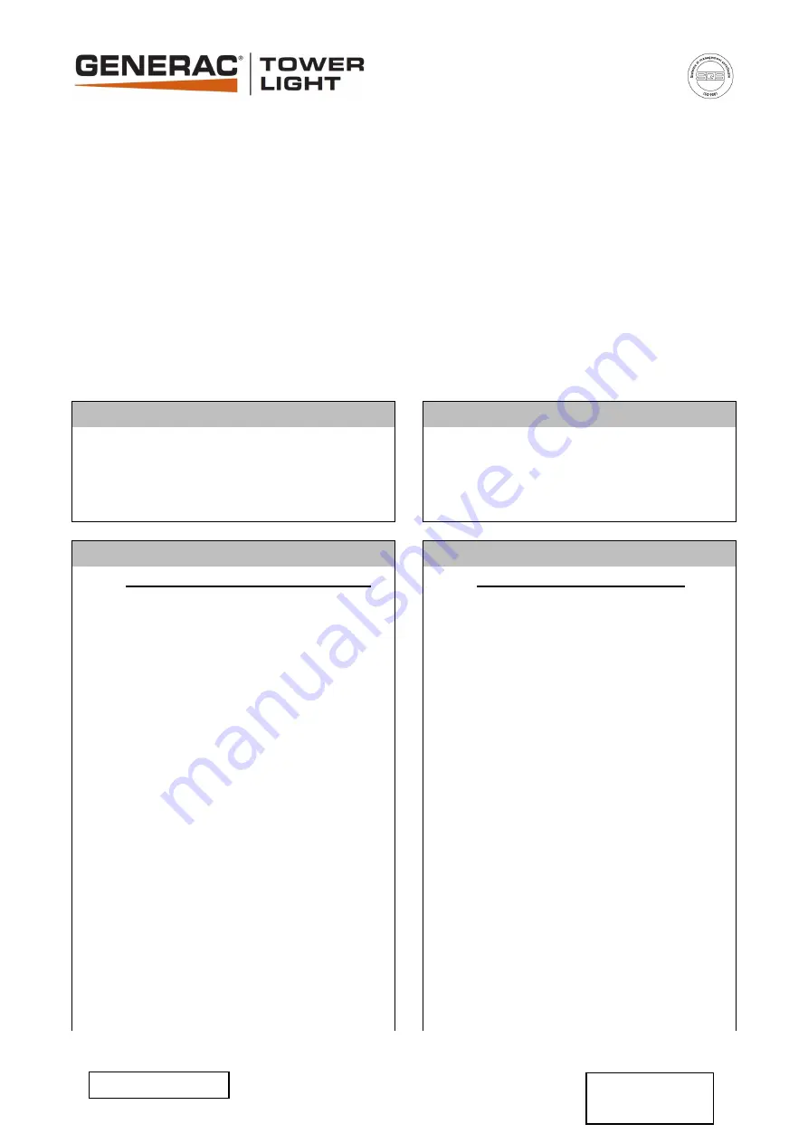 Generac Power Systems TOWER LIGHT V20 Owner'S Manual Download Page 58