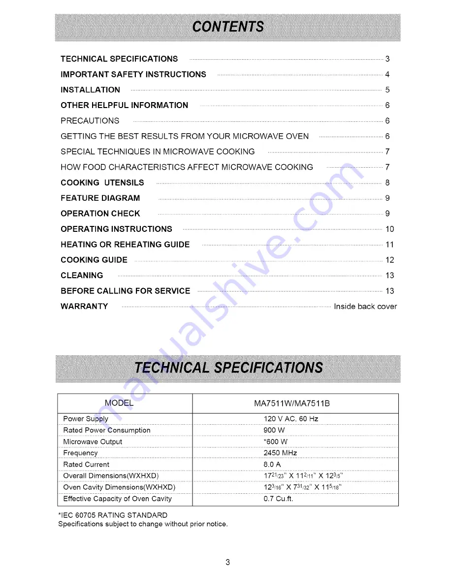 Goldstar MA7511B Owner's manual & cooking guige Owner'S Manual & Cooking Manual Download Page 3