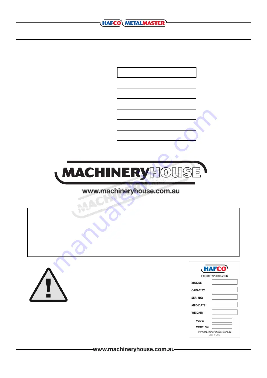 Hafco Metalmaster BS-152 Скачать руководство пользователя страница 2
