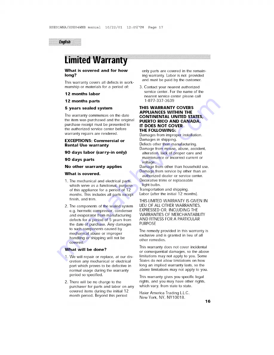 Haier HSE01WNA User Manual Download Page 17